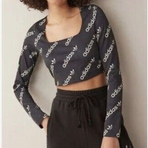 Adidas Long Sleeve Shiny‎ Monogrammed Crop Top Black White Size XS
